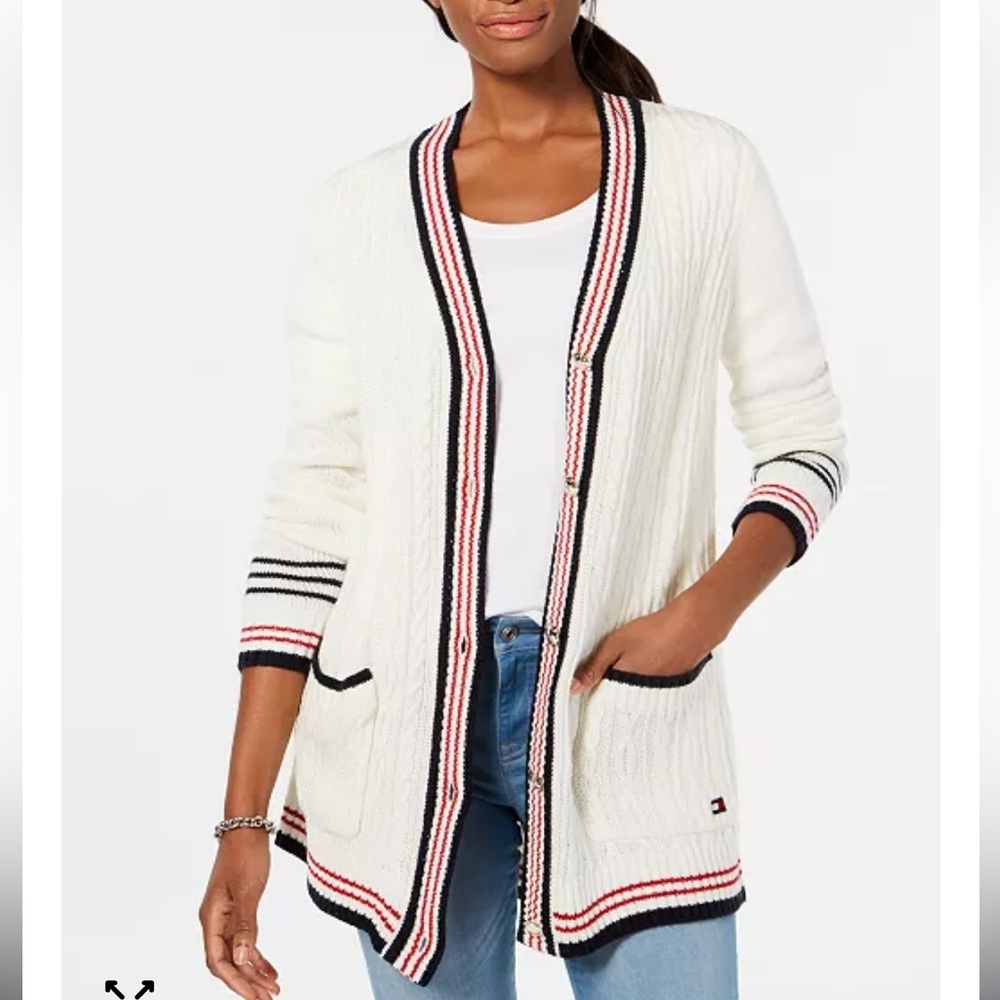 TOMMY HILFIGER Varsity Stripe Cable Knit Cardigan Sweater S Academia Collegiate